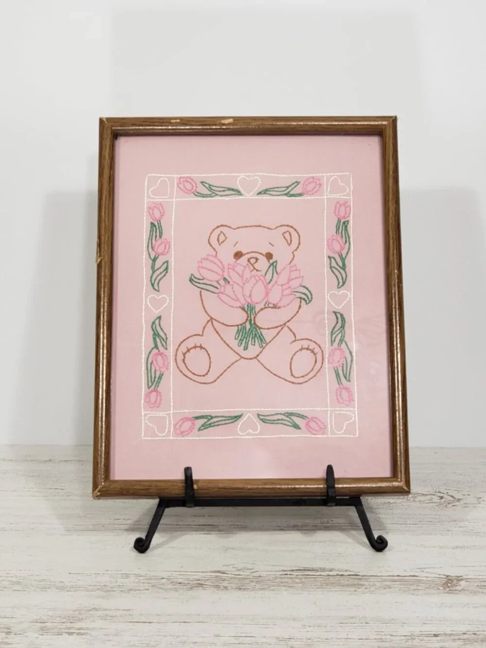 Handmade Framed Embroidered Bear Flowers Tulips nursery baby girls bedroom